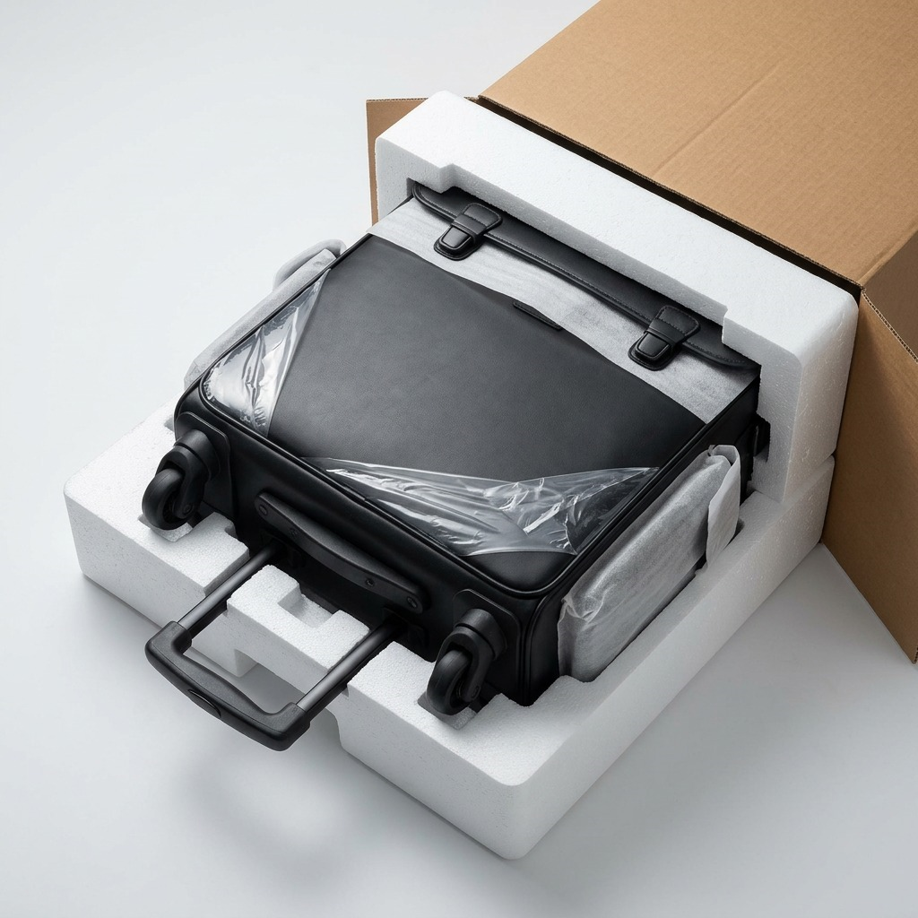 High-resolution ecommerce hero shot of a black leather wheeled catalog case on white background.
