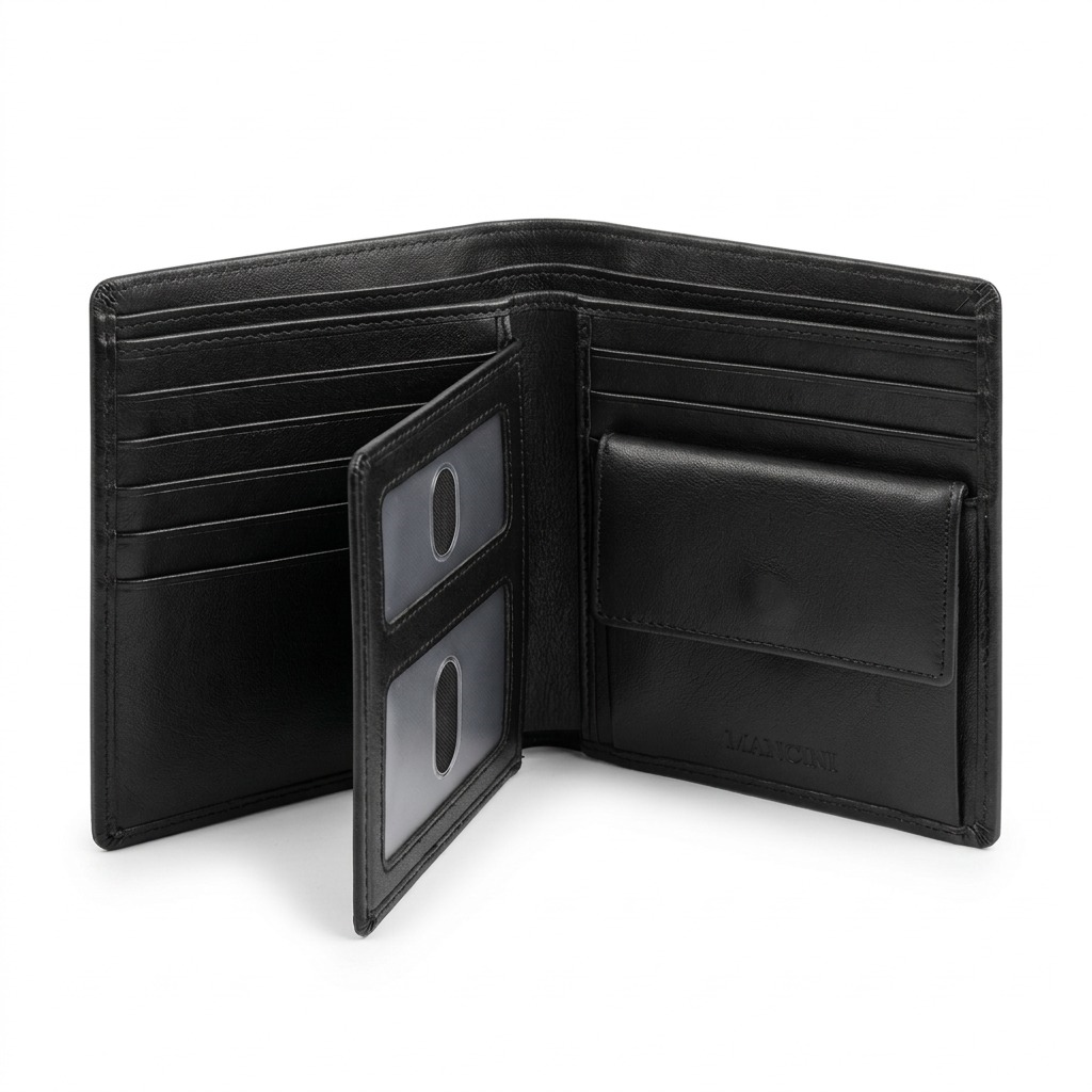 Premium high-resolution hero shot of the open Mancini black leather wallet with removable passage and coin pouch, centered on a pure white background.