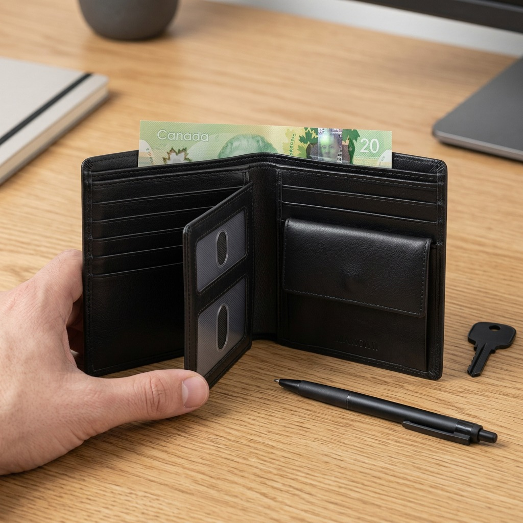 Premium high-resolution hero shot of the open Mancini black leather wallet with removable passage and coin pouch, centered on a pure white background.