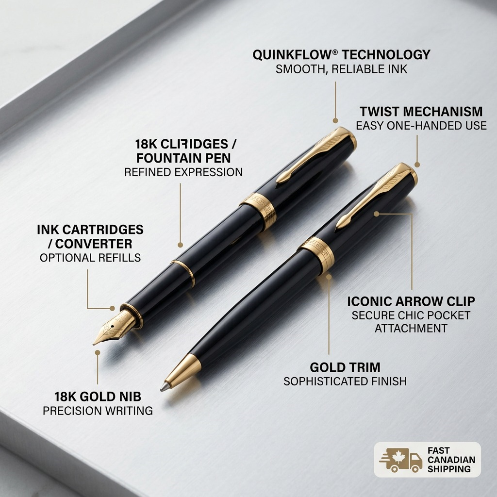 Parker Sonnet Duo – Coffret stylo-bille et stylo-plume — gros plan sur les détails, réf. 2093371