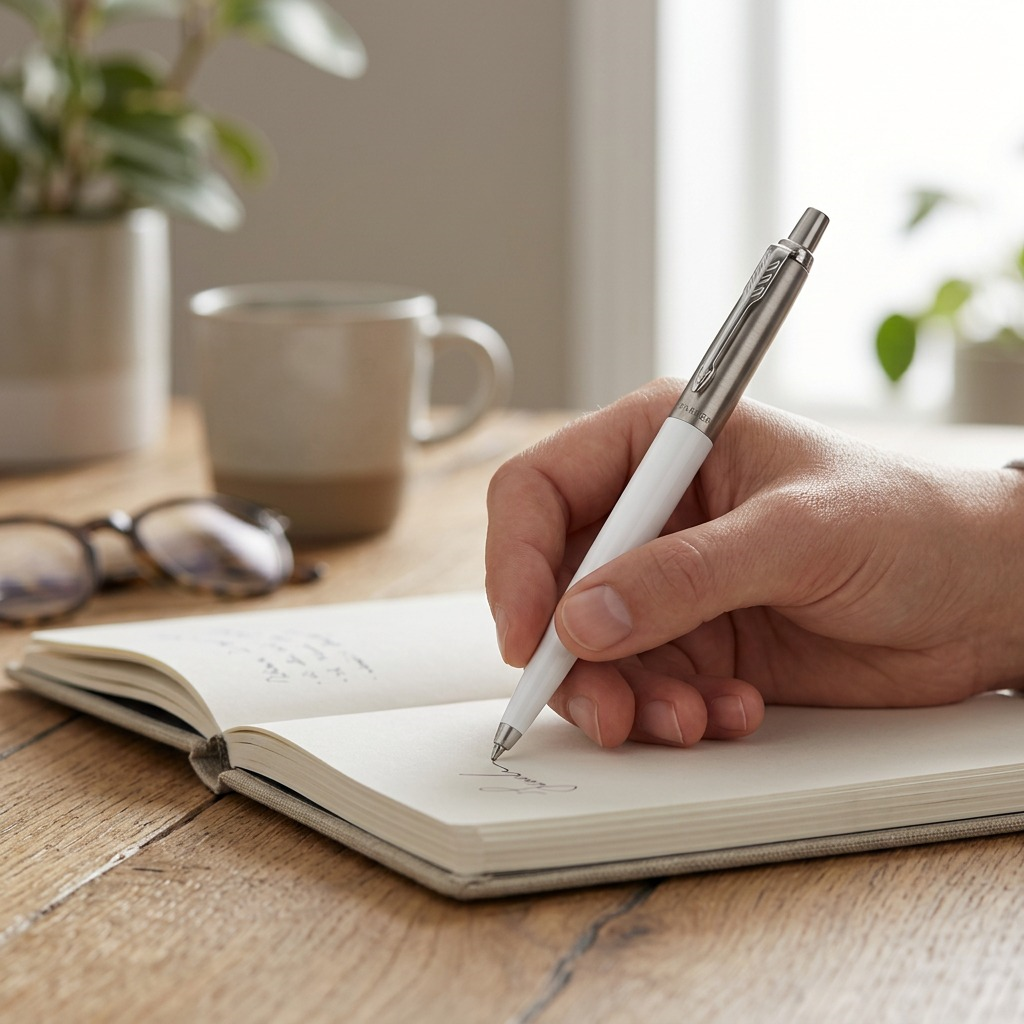 Parker Jotter Originals – Stylo-bille blanc classique — présentation en situation, réf. 2096874