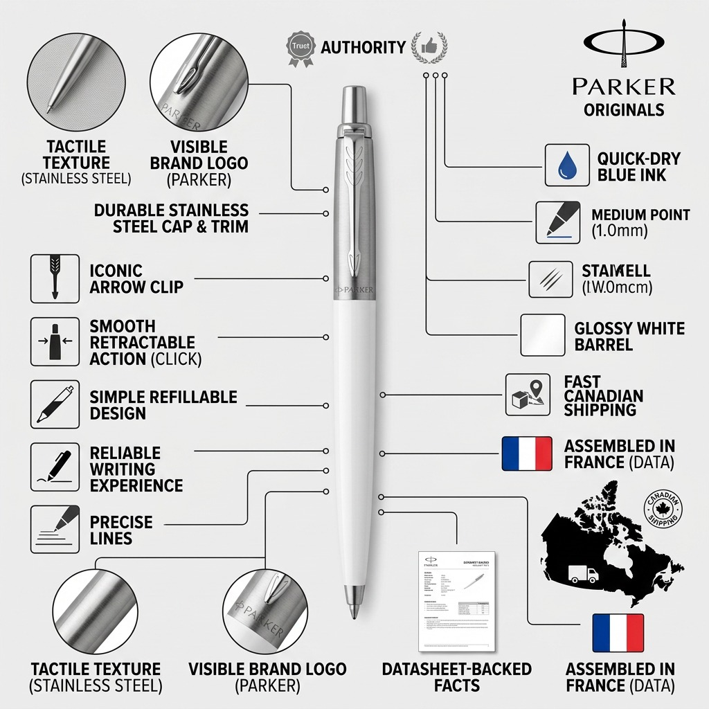 Parker Jotter Originals – Stylo-bille blanc classique — présentation des caractéristiques, réf. 2096874