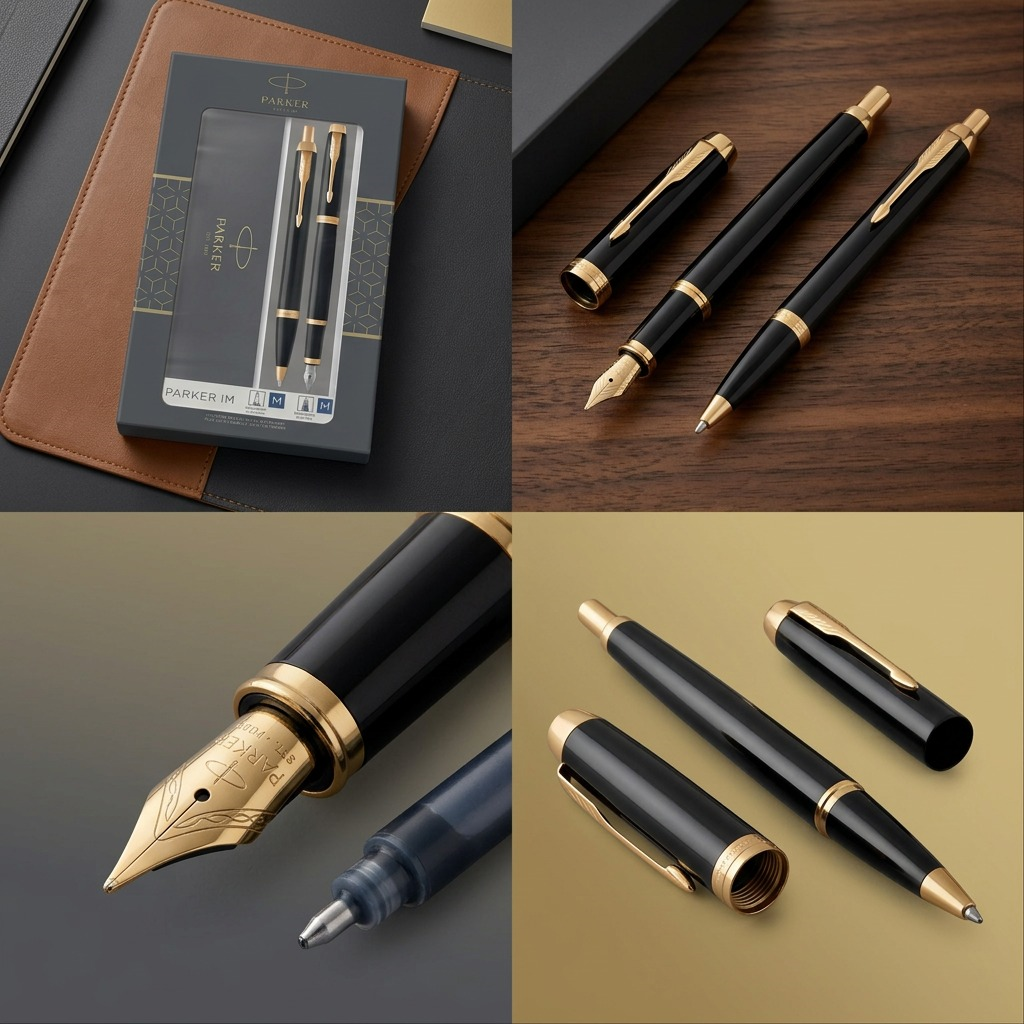 Parker IM Duo – Coffret stylo-bille et stylo-plume noir/doré — gros plan sur les détails, réf. 2093216