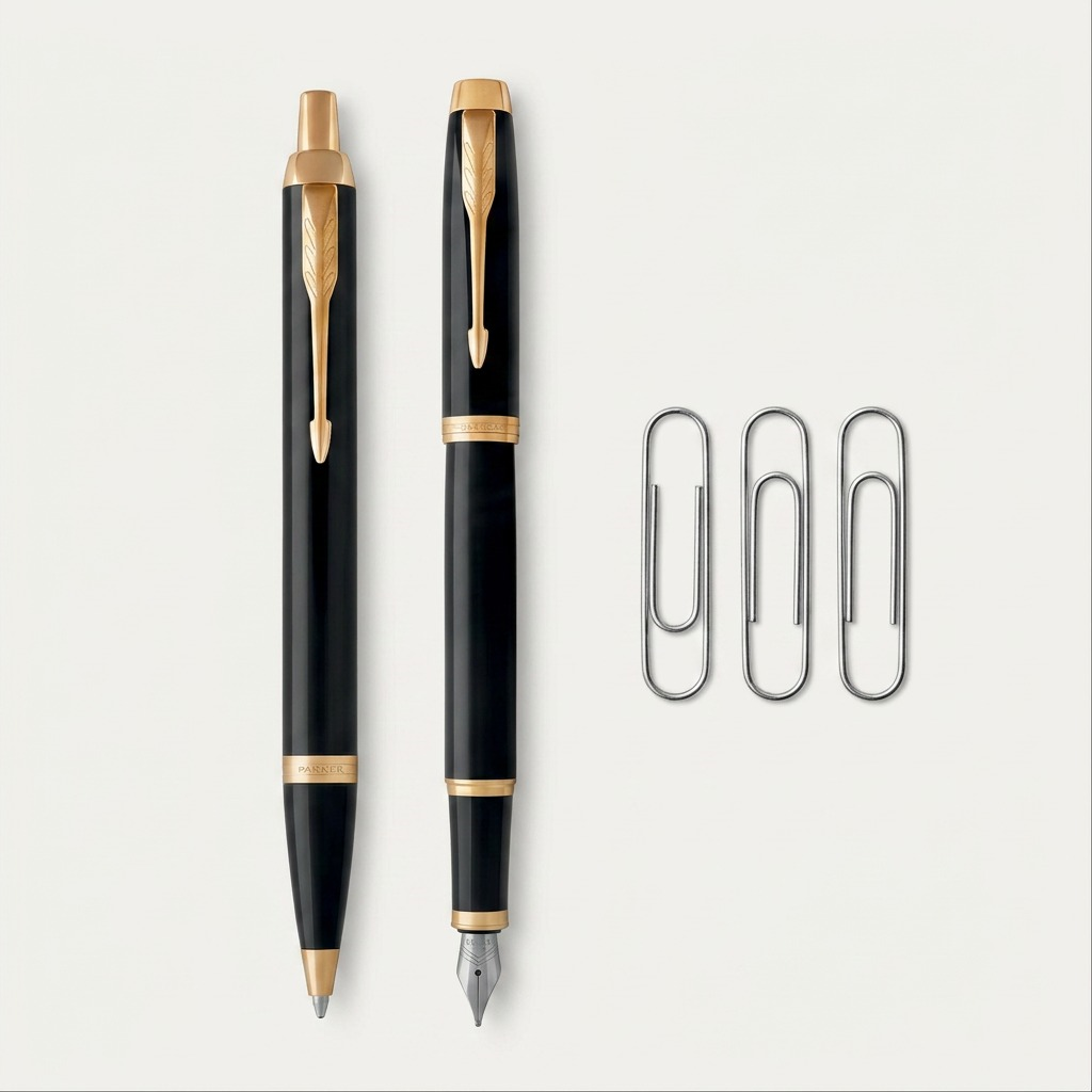 Parker IM Duo – Coffret stylo-bille et stylo-plume noir/doré — gros plan sur les détails, réf. 2093216