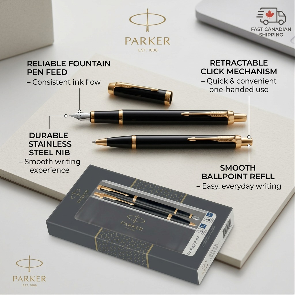 Parker IM Duo – Coffret stylo-bille et stylo-plume noir/doré — gros plan sur les détails, réf. 2093216