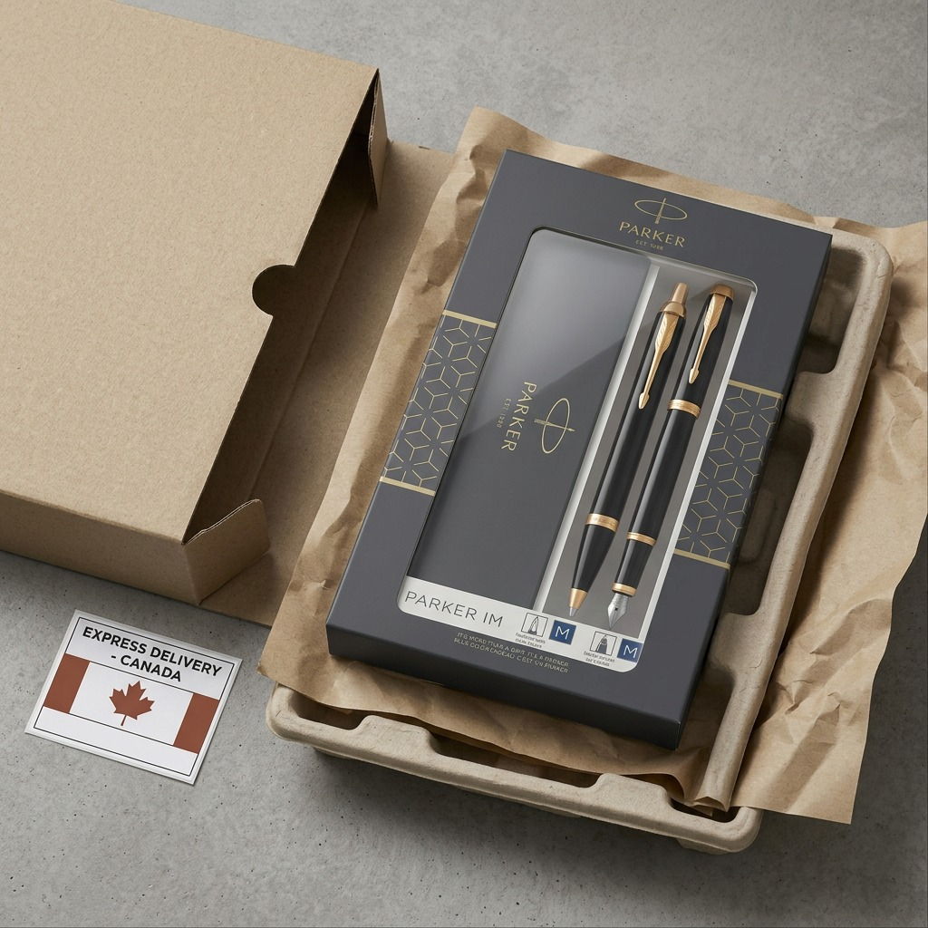 Parker IM Duo – Coffret stylo-bille et stylo-plume noir/doré — vue de l’emballage, réf. 2093216