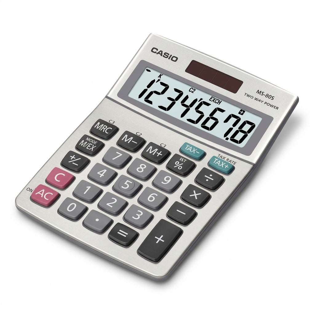 Casio MS-80S desktop calculator with silver metal faceplate and 8-digit LCD screen on white background.
