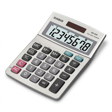 Casio MS-80S desktop calculator with silver metal faceplate and 8-digit LCD screen on white background.