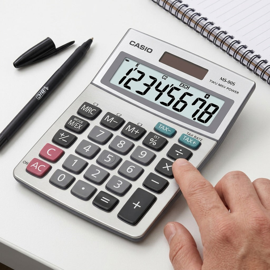 Hand using a Casio MS-80S desktop calculator next to a pen and spiral notebook on a desk.