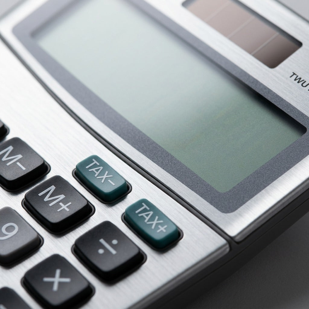Close-up of Casio MS-80S calculator showing brushed metal faceplate, TAX keys, and angled LCD screen.