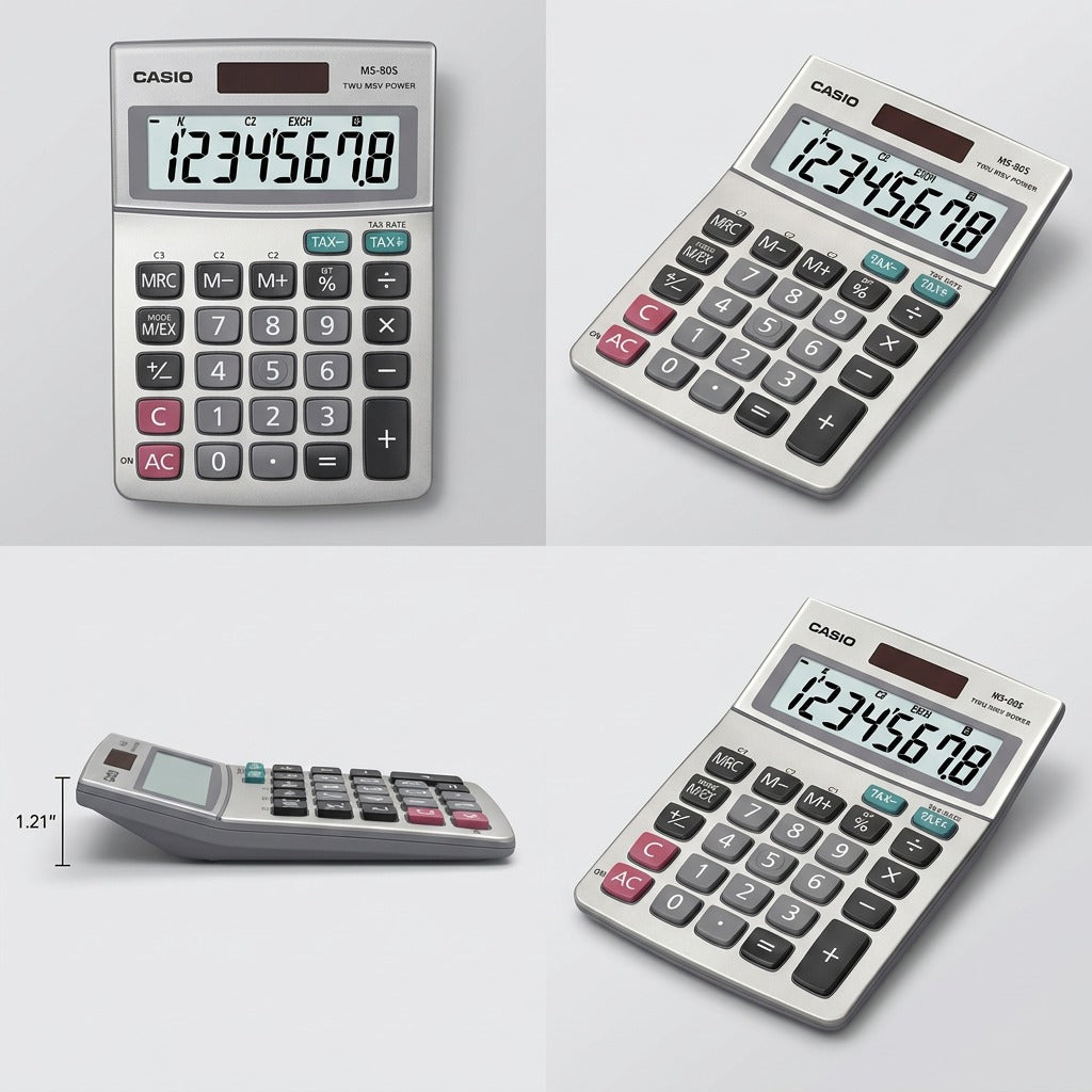 Multi-angle views and 1.21-inch profile of the silver Casio MS-80S solar desk calculator.
