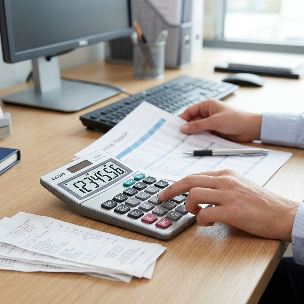 Person using a silver Casio MS-80S desk calculator on an office desk beside financial reports.