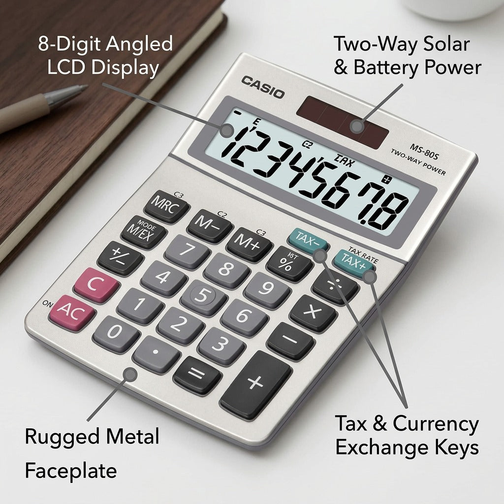 Casio MS-80S desk calculator featuring callouts for the 8-digit LCD, solar power, and metal faceplate.