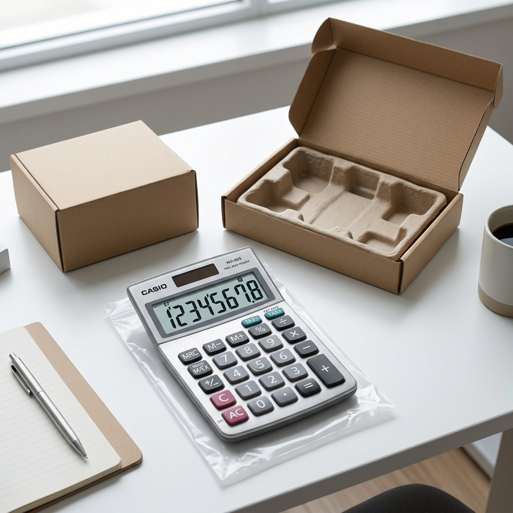 Casio MS-80S desktop calculator on a desk next to open cardboard packaging and a protective sleeve.