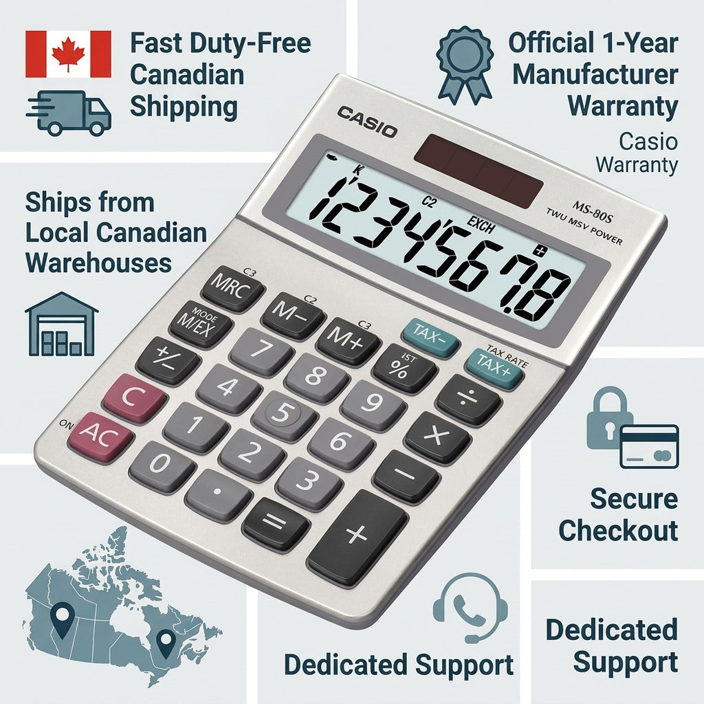 Casio MS-80S desktop calculator surrounded by Canadian shipping, warranty, and support details.