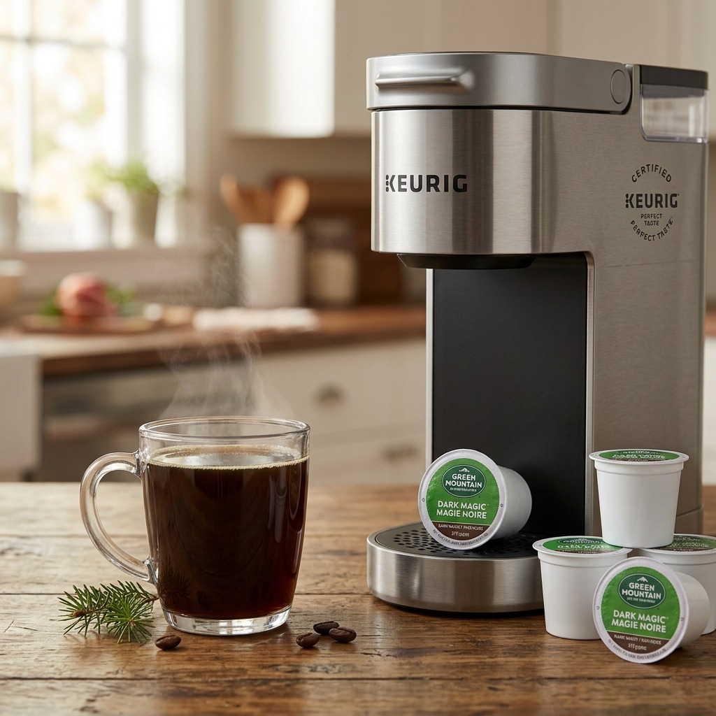 A high-resolution, centered view of the Keurig Green Mountain Dark Magic 24-can coffee cartridge box over a pure white background. The box's shape, green design, mountain illustration, the "CERTIFIED KEURIG" stamp, and all branding elements are identical to the image. A single white K-cup with a green lid sits at its base.