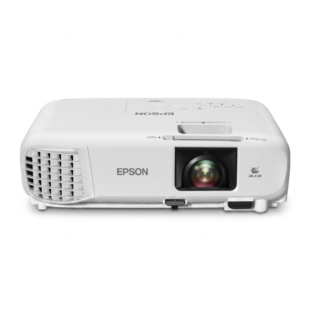 High-resolution hero shot of the Epson PowerLite W49 projector, showcasing all details from the reference against a pure white background.