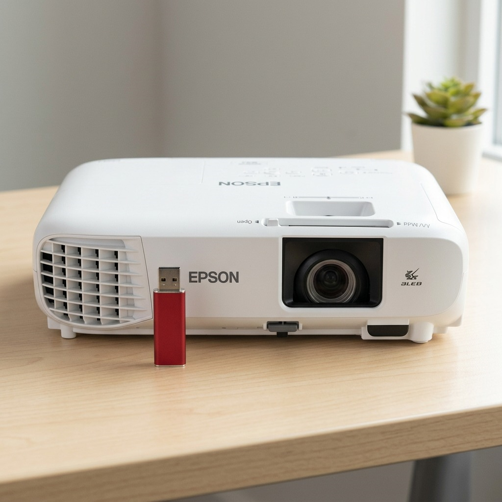 A scale reference image for an EPSON PowerLite W49 projector, positioned on a desk next to a widely recognized reference object like a standard USB stick or key fob, showing its compact size. The product remains true to the visual in image_0.png.