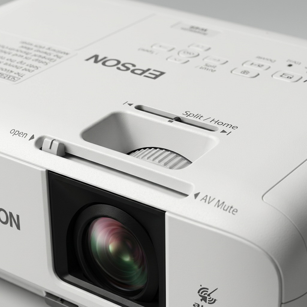 A close-up photograph of the Epson PowerLite W49 projector detail panel, focus on control sliders.