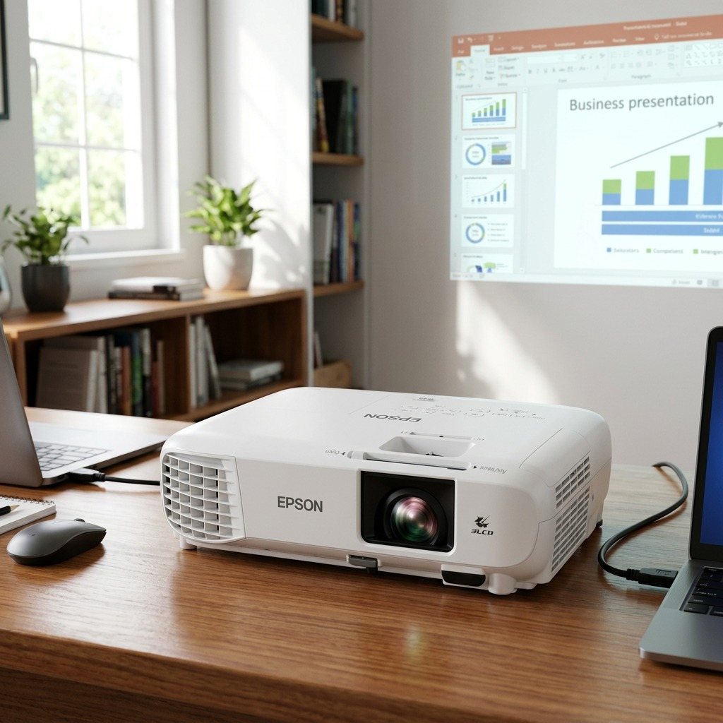 Epson PowerLite W49 projector shown in a corporate meeting room, projecting a vibrant business presentation on a large screen with people attentively seated at a conference table.