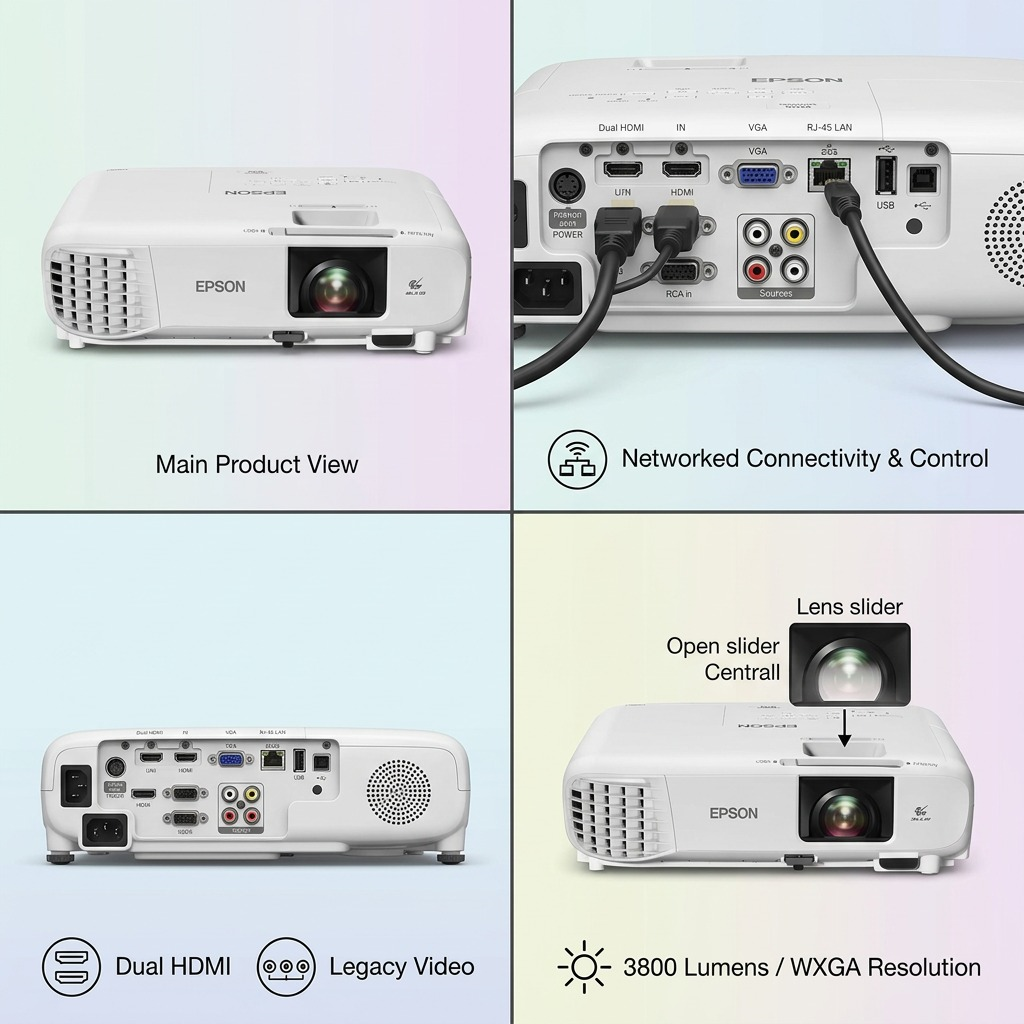 A 2x2 grid visualizing four distinct, verified angles of the Epson PowerLite W49 projector.