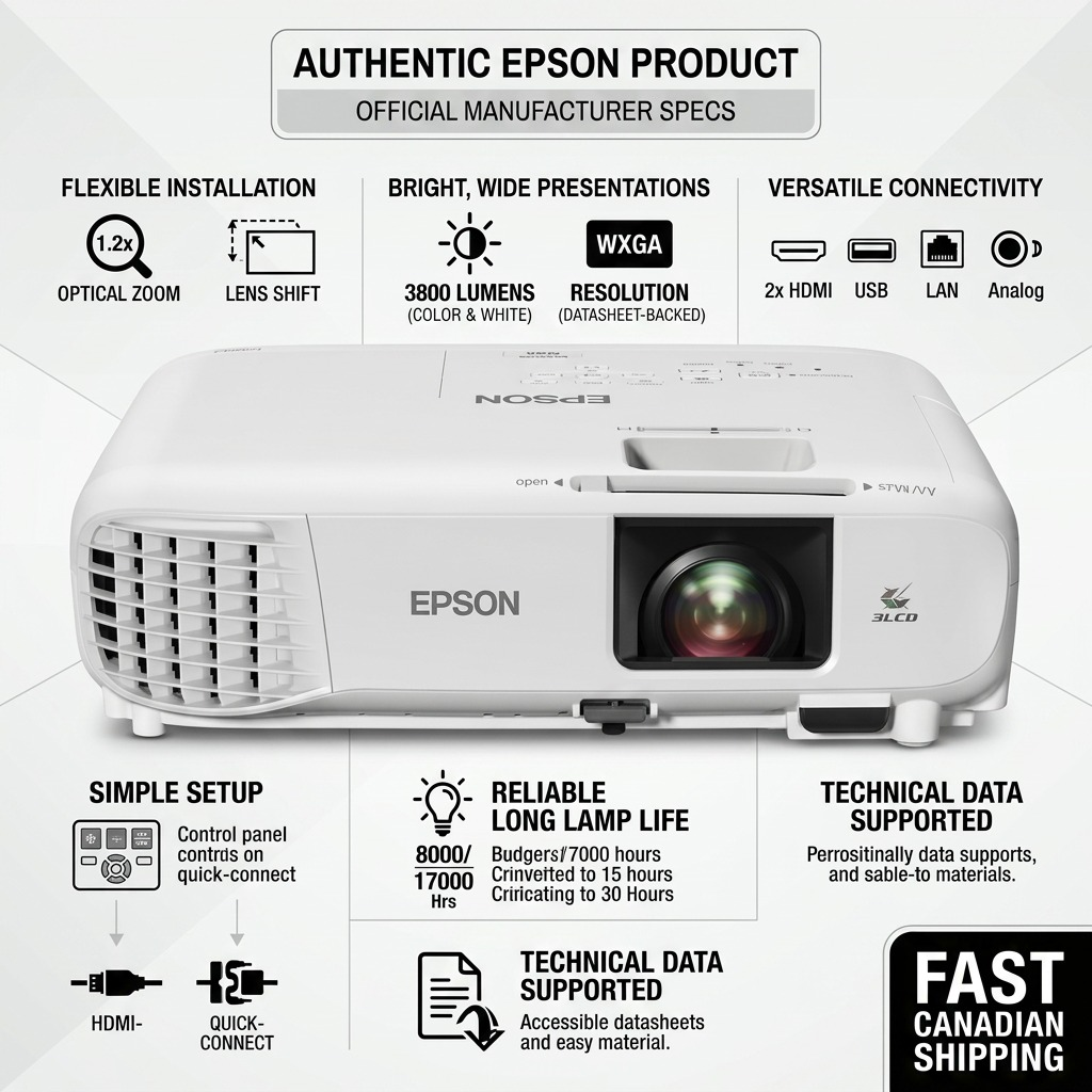 Trust and authority PDP infographic for Epson W49 projector, featuring factual highlights and Canadian shipping.