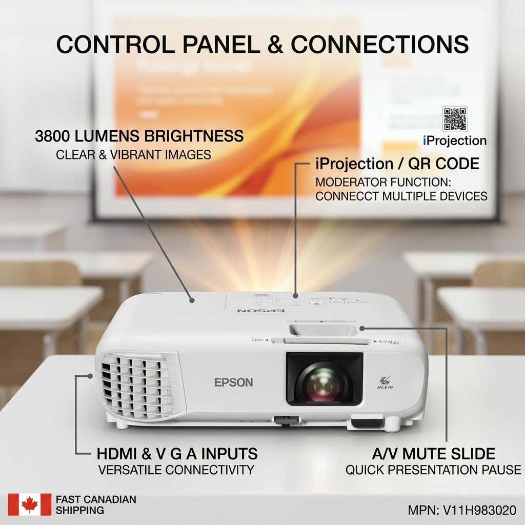 Feature image highlighting the main operational controls and specs of the Epson PowerLite W49 projector.