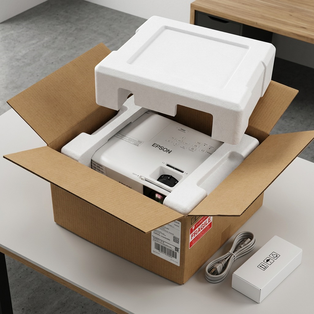 Premium unboxing scene of the Epson PowerLite W49 projector, securely nestled in white foam packaging inserts within a shipping box.