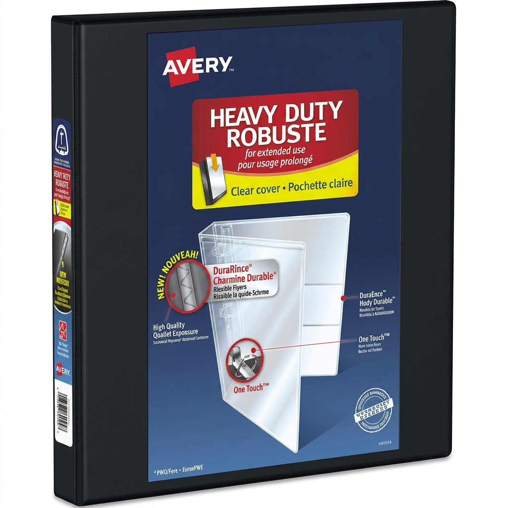 Avery 89002 black heavy-duty 1-inch view binder with One Touch D-rings and clear cover insert.