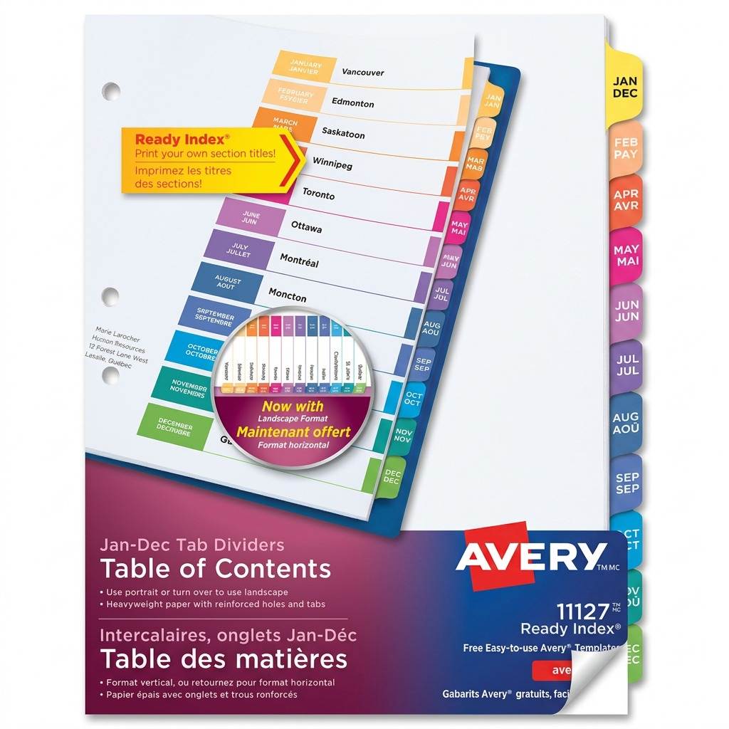 Avery 11127 Jan-Dec Table of Contents Monthly Dividers with multicolor tabs and printable page.