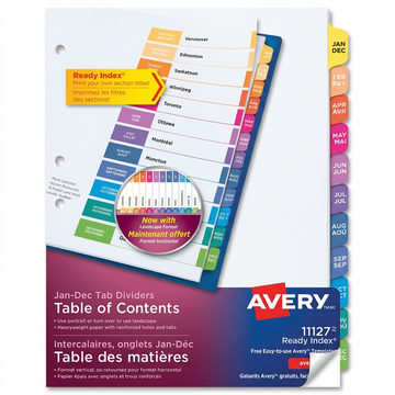Avery 11127 Jan-Dec Table of Contents Monthly Dividers with multicolor tabs and printable page.