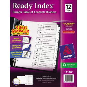 11140 Avery Ready Index – Intercalaires avec table des matières, 12 onglets, 1 jeu