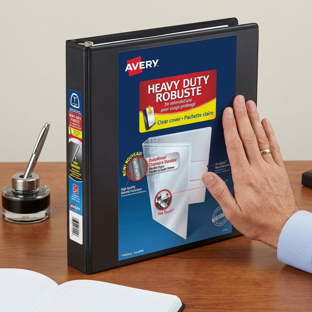 Avery 89002 black heavy-duty 1-inch view binder with One Touch D-rings and clear cover insert.