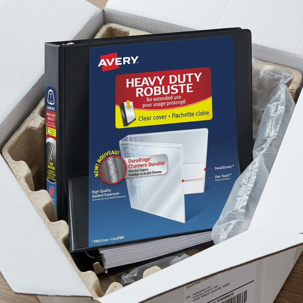 A black Avery Heavy-Duty 1-inch binder safely packed in a shipping box with protective air pillows.