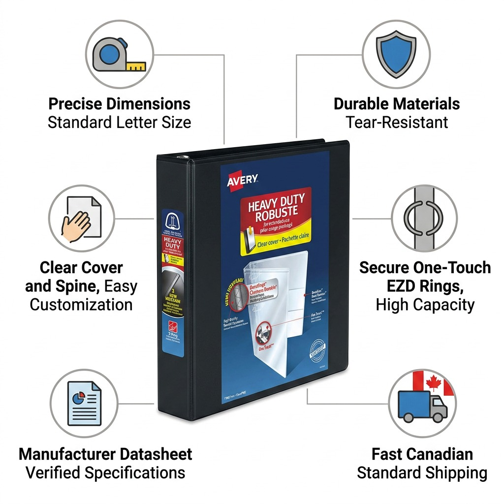 Avery Heavy-Duty 1-inch Binder features chart highlighting Durable Materials, One-Touch EZD Rings, and Fast Canadian Shipping.