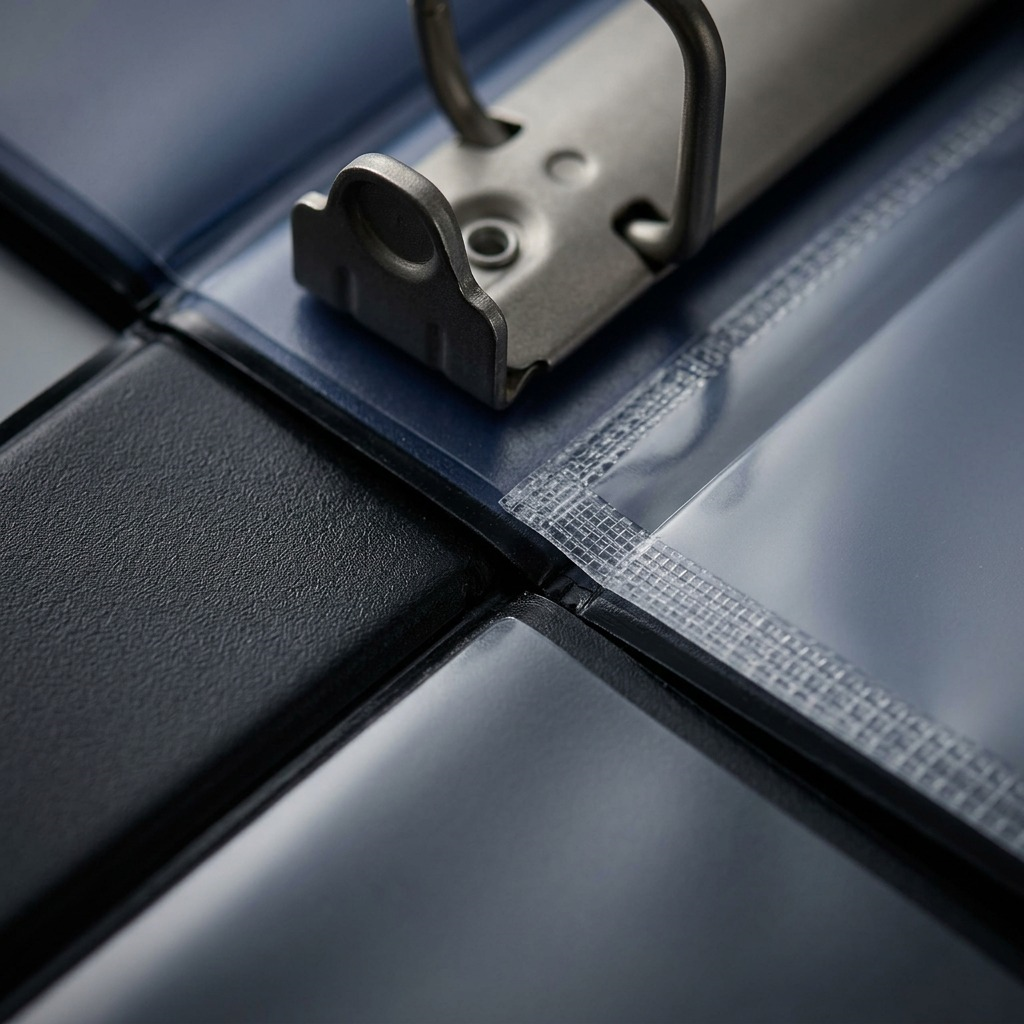 Macro detail of Avery 89002 binder showing metal D-rings, DuraHinge seam, and clear interior pocket.