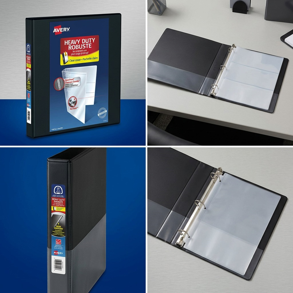 Avery Heavy-Duty 1 inch View Binder shown from multiple angles including front, spine, and interior.