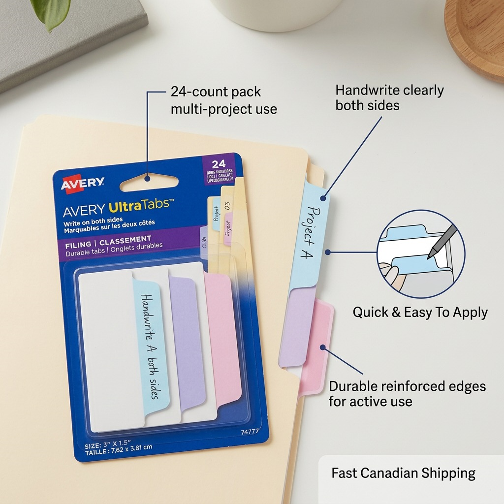 A high-resolution photograph of individual Avery UltraTabs in pastel blue, lavender, and pink, plus one all-white tab, neatly arranged against a pure white background. Each tab has a clear two-sided writeable area from the source material and is shown to realistic scale with sharp edges and realistic lighting. All packaging and text have been removed.