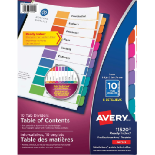 11520 Avery Ready Index – Intercalaires avec table des matières, 10 onglets, 6 jeux