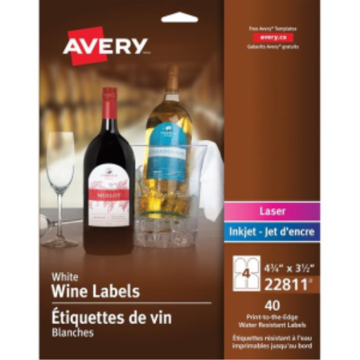 Avery – Étiquettes blanches arquées pour bouteilles de vin, laser et jet d’encre, adhésif permanent, 10 feuilles/enveloppe, 40 étiquettes/enveloppe (réf. 22811)