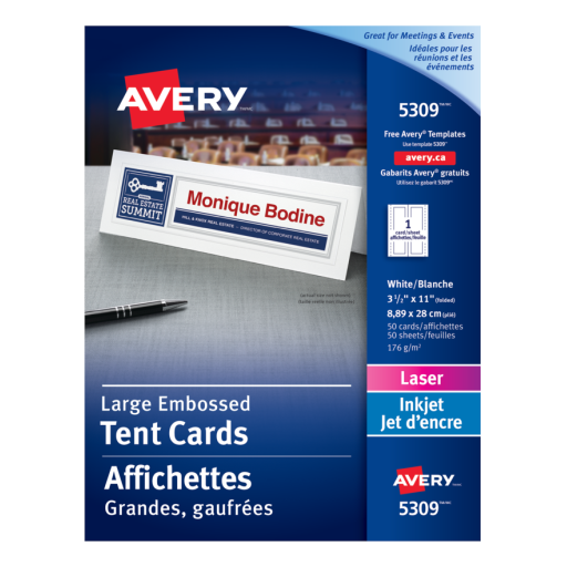 Avery – Cartes chevalet blanches pour bureau, 3 1/2 × 11 po, 50 feuilles/boîte (réf. 5309)