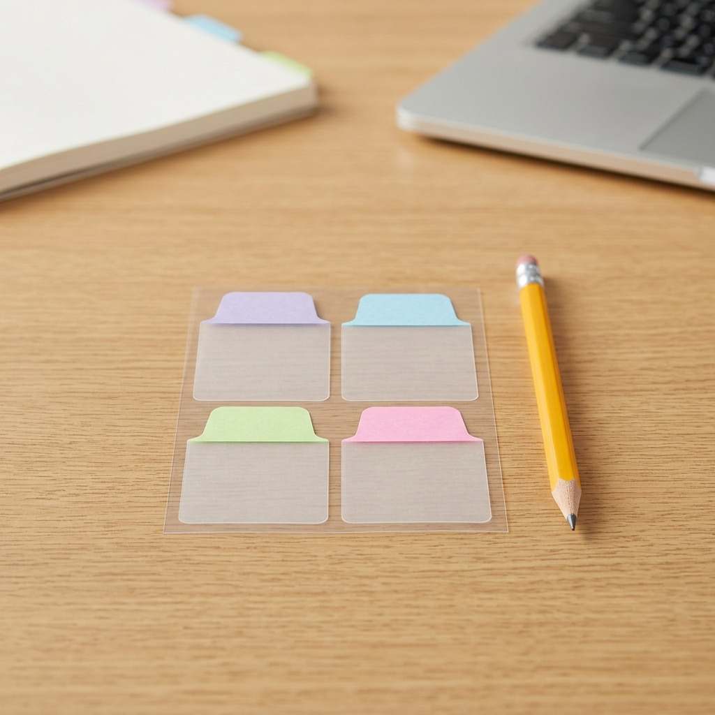 High-resolution 3D render of the four pastel Avery Mini Tabs (pastel lavender, light blue, pink, and light green) displayed neatly on a pure white background.