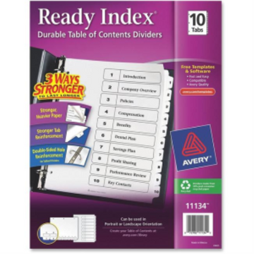 11134 Avery Ready Index – Intercalaires avec table des matières, 10 onglets, 1 jeu