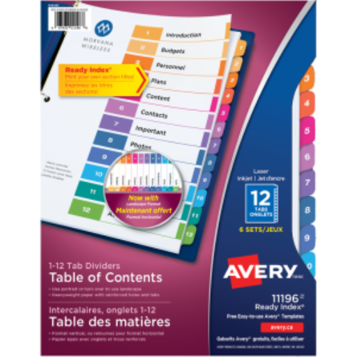 11196 Avery Ready Index – Intercalaires avec table des matières, 12 onglets, 6 jeux