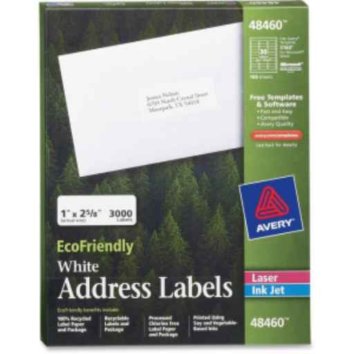 48460 Avery Eco – Étiquettes postales blanches, 1 × 2 5/8 po, adhésif permanent