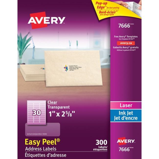 7666 Avery Easy Peel – Étiquettes transparentes, 2 5/8 × 1 po, adhésif permanent, 10 feuilles/enveloppe