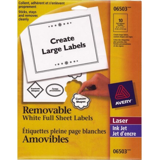 Avery – Étiquettes d’identification amovibles, 8 1/2 × 11 po, 10 feuilles/enveloppe (réf. 6503)