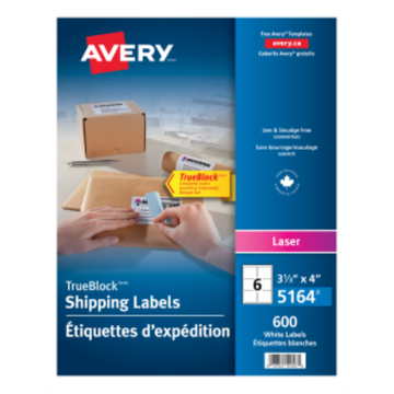 5164 Avery TrueBlock – Étiquettes blanches, 4 × 3 1/3 po, adhésif permanent, 100 feuilles/boîte