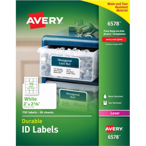 6578 Avery TrueBlock – Étiquettes d’identification durables, 2 5/8 × 2 po, adhésif permanent