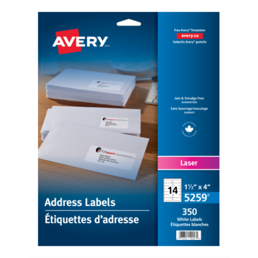Avery – Étiquettes blanches, 4 × 1 1/2 po, adhésif permanent, 25 feuilles/enveloppe, 350 étiquettes (réf. 5259)